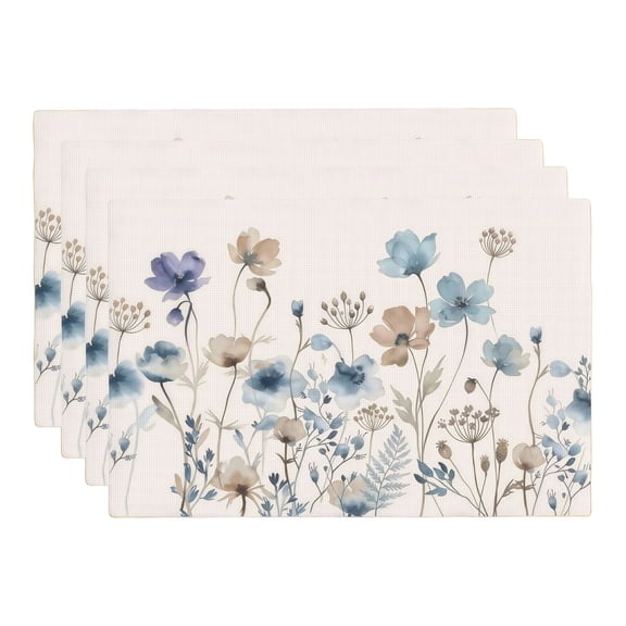 Stegali Summer Blue Brown Poppy Linen Placemats, 12x18 Inch Table mats Set of 4