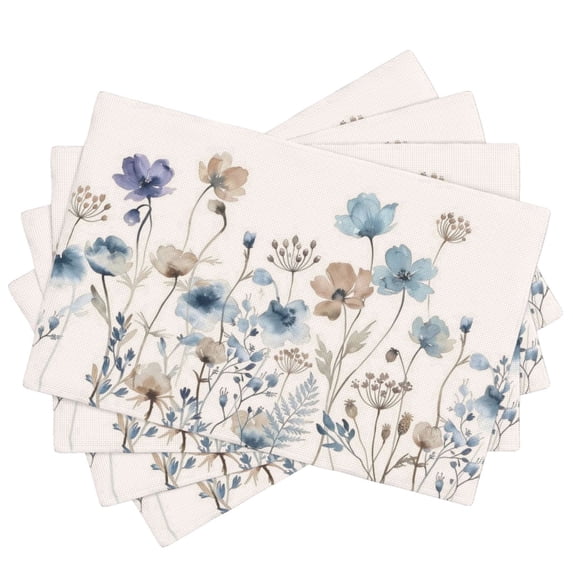 Stegali Summer Blue Brown Poppy Linen Placemats, 12x18 Inch Table mats Set of 4