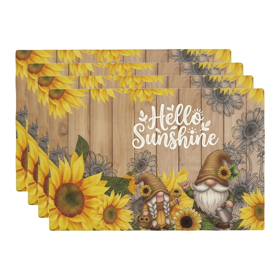 Stegali Summer Gnome Sunflower Linen Placemats, 12x18 Inch Table mats Set of 4