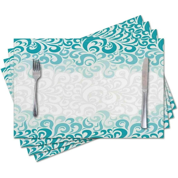 Placemats Set of 4,Teal Floral Flower,Washable Burlap Woven Heat Resistant Placemat for Dinning Table,Farmhouse,Outdoor,18X12 Inch