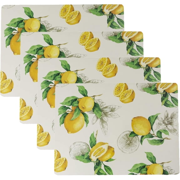 Placemats Set of 4, Thick Cork Place Mats for Kitchen and Dining Tables, Easy Clean Table Mats (12" x 18" Rectangular Set of 4, Lemons)
