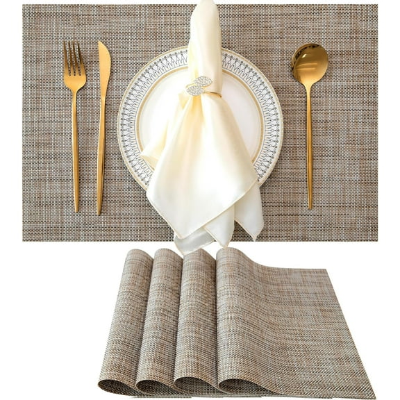 Placemats Set of 4 Washable Indoor/ Outdoor Viny, Place Mats for Dining Table Durable PVC Weave Table Mats (Linen)