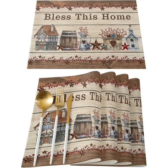 Placemats Set of 4 Washable,Rustic Country Star Placemat for Dining Table Decorations, Heat-Proof Table Mats for Kitchen Dinner Banquet Wooden Plank