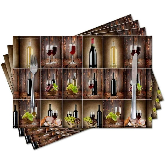 Placemats Set of 4,Wine Themed,Washable Burlap Woven Heat Resistant Placemat for Dinning Table,Farmhouse,Outdoor,18X12 Inch