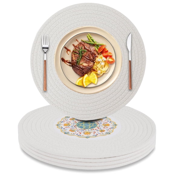 Placemats Set of 4, Yamaziot 12" Round Placemats Heat Resistant Braid Place Mat, Fabric Woven Washable Dining Table Mats, Mandala Floral Beige