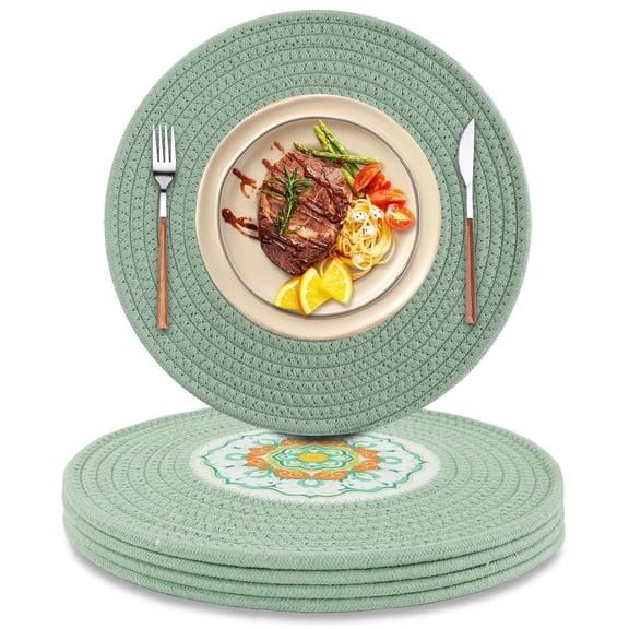 Placemats Set of 4, Yamaziot 12" Round Placemats Heat Resistant Braid Place Mat, Fabric Woven Washable Dining Table Mats, Mandala Floral Green