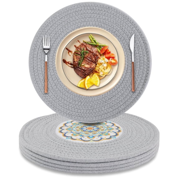 Placemats Set of 4, Yamaziot 12" Round Placemats Heat Resistant Braid Place Mat, Fabric Woven Washable Dining Table Mats, Mandala Floral Grey