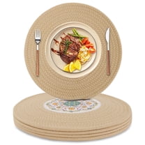 Placemats Set of 4, Yamaziot 12" Round Placemats Heat Resistant Braid Place Mat, Fabric Woven Washable Dining Table Mats, Mandala Floral Khaki