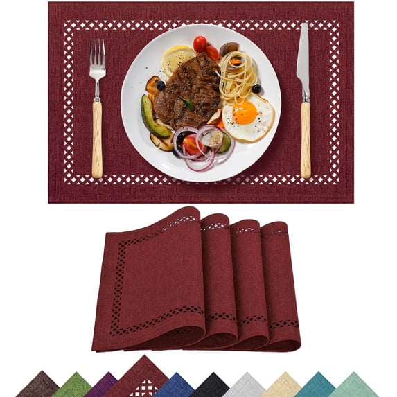 Placemats Set of 4, Yamaziot Double Layer Cloth Fabric Heat Resistant Place Mat, Washable Reversible Rectangle Dining Table Mats, Hollow Red, 12"x18"