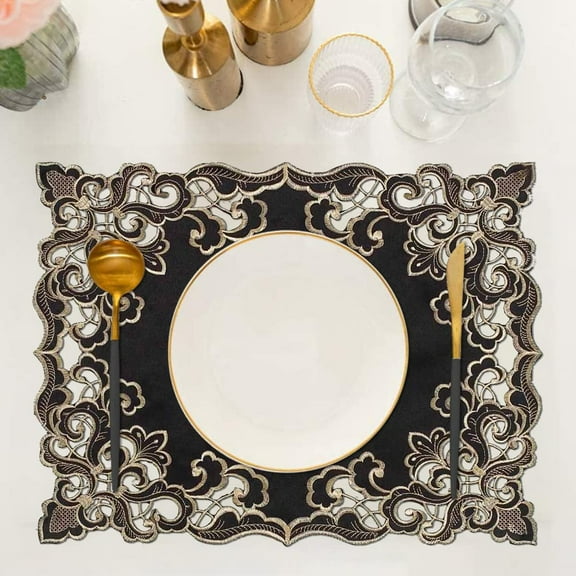 Placemats Set of 4 for European Dining Table, Table Placemats, Rectangular PVC Vinyl, 12x18 Inches - Black Gold