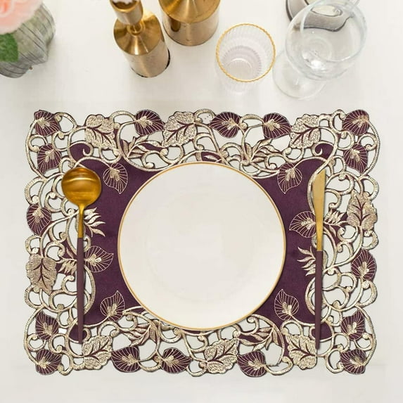 Placemats Set of 4 for European Dining Table, Table Placemats, Rectangular PVC Vinyl, 12x18 Inches - Plum Gold