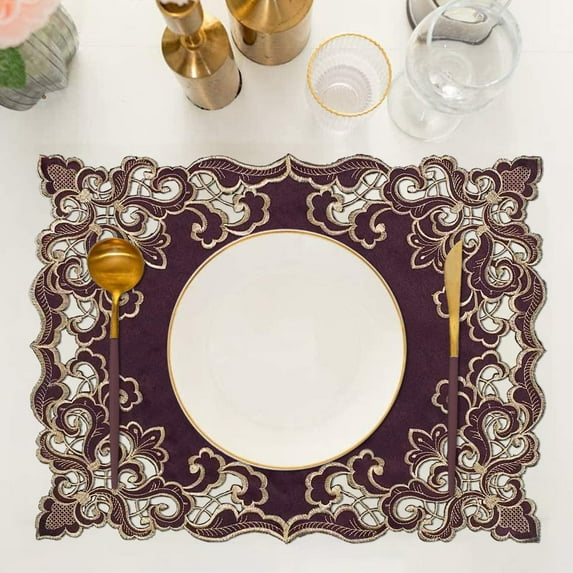 Placemats Set of 4 for European Dining Table, Table Placemats, Rectangular Vinyl, PVC - 12 x 18 Inches - Plum Gold