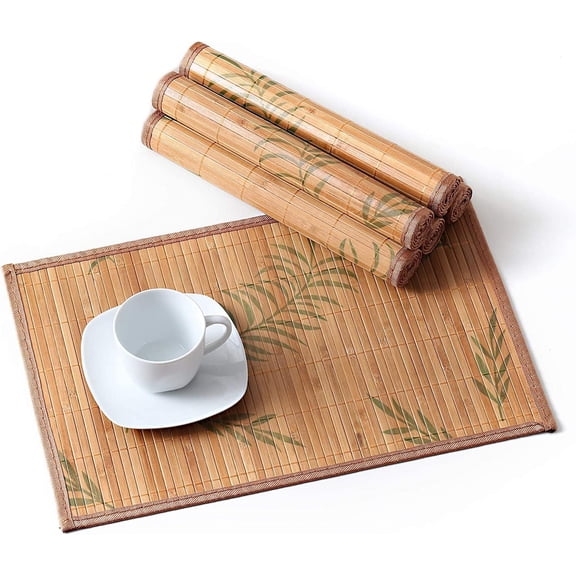 Placemats Set of 6, Bamboo Table Mats Set with Leaf Pattern, 18'' × 12'' Woven Placemat, Washable Heat-Resistant Place Mats for Kitchen, Brown Leaf