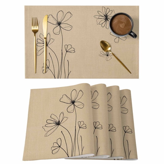 Placemats Set of 6, Black Khaki Woven Placemat, Linen Place Mats for Kitchen/Dining Tables, Spring Flora Washable Table Mats for Party