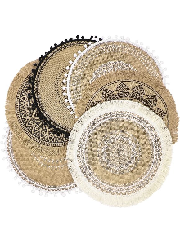 Placemats Set of 6 Boho Round Place Mats Plate Mats Table Mats for Kitchen Dinner Farmhouse Burlap Macrame