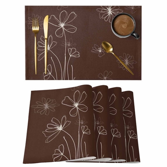 Placemats Set of 6, Brown Woven Placemat, Linen Place Mats for Kitchen/Dining Tables, Spring Flora Washable Table Mats for Party
