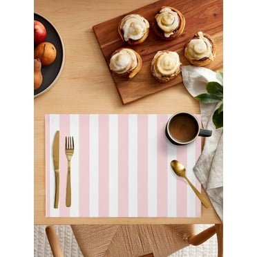 Placemats Set of 6, Cotton Linen Heat Resistant Table Mats Non-Slip Washable Pink Striped Placemat for Holiday Banquet Dining Kitchen Table Decor
