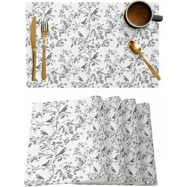Placemats Set of 6, Cotton Linen Heat Table Mats Non-Slip Washable Grey Birds Branch Leaves Placemat for Holiday Banquet Dining Kitchen Table Decor