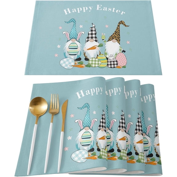 Placemats Set of 6, Easter Eggs Gnome Elf Design Blue Background Washable Burlap & Cotton Placemats for Kitchen Dining Table Holiday Home Decoration