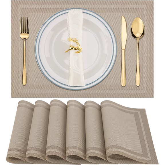 Placemats Set of 6,Heat Resistant Woven Vinyl Washable PVC Place Mats,Non-Slip Stain Resistant Indoor/Outdoor Table Mats for Dining Table (Khaki)