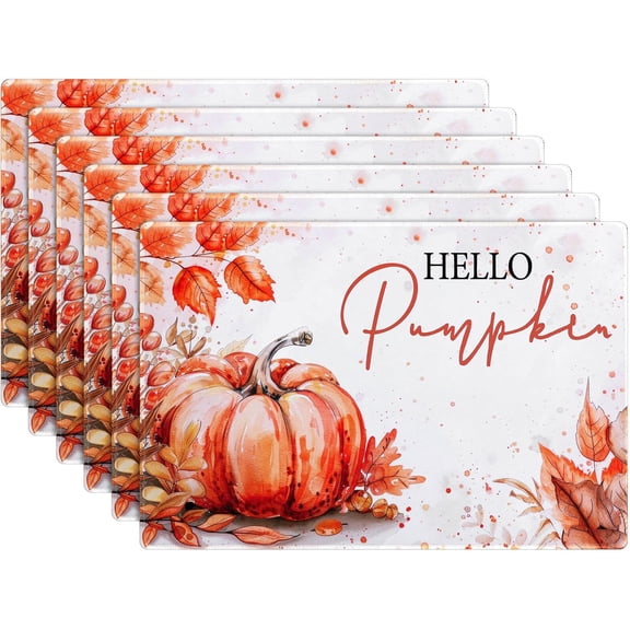 Placemats Set of 6, Hello Pumpkin Thanksgiving Placemats for Dining Table Setting, Non-Slip Tabletop Accessories Decorations