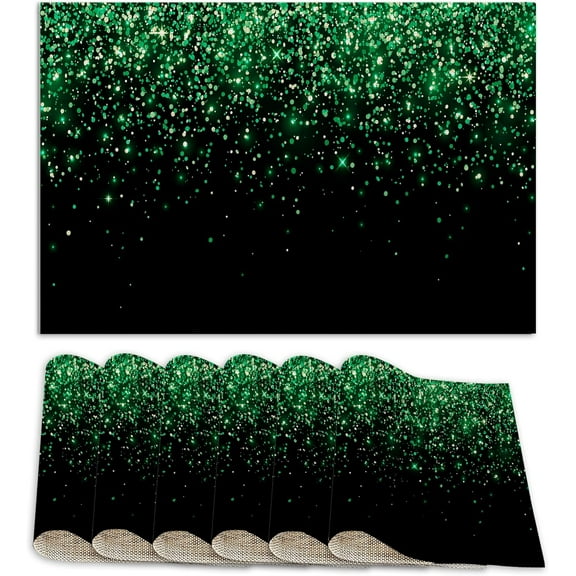 Placemats Set of 6 Linen Washable Kitchen Dining Green Glitter Table Mats Stain Heat-Resistant Desktop DécorPlace Mats for Home Party Indoor 12x18 in