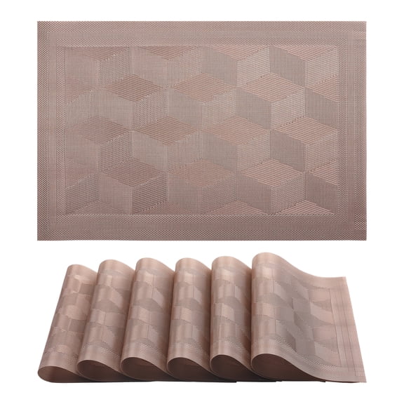 Placemats Set of 6 Plastic Placemats for Dining Table Decor Washable Kitchen Table Mat with Quadrangular Pattern Rose Gold 17.7*11.8inch