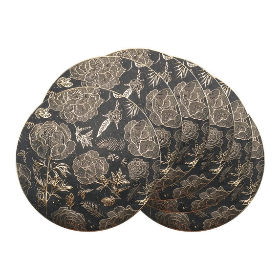 Placemats Set of 6 Plastic Placemats for Kitchen Dining Table Decor Table Placemats Wipeable Floral Table Mat Black-Gold 15inch
