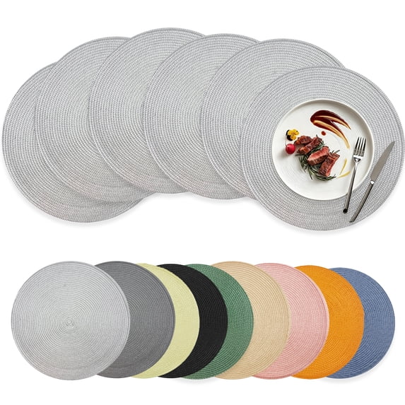 Xmushyra Round Placemats Set of 6, 15 inch Braided Table Mats, Heat Resistant Washable Place Mats for Dining Table, Kitchen and Outdoor Dining, Light Gray