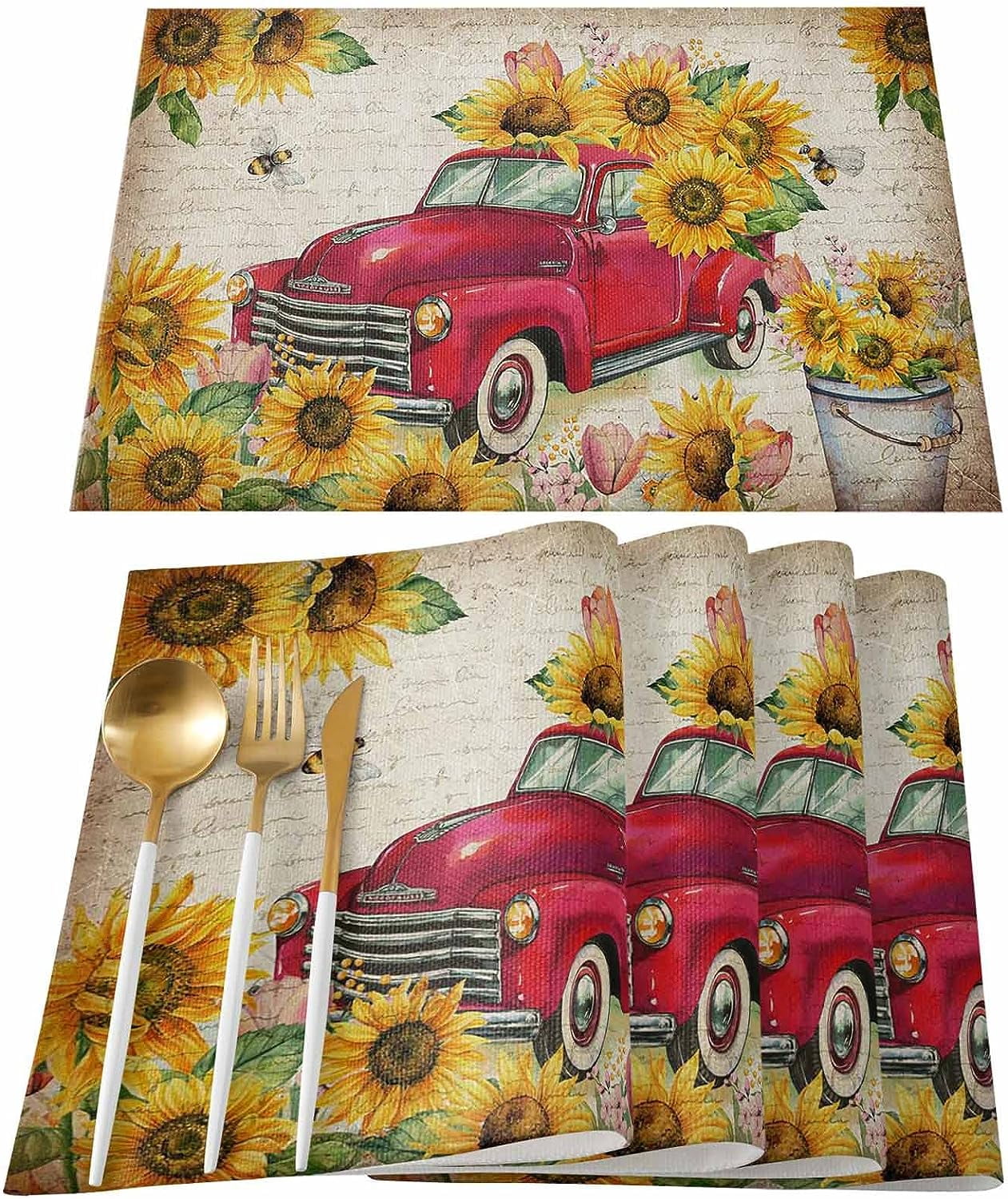 Placemats Set of 6 Summer Farmhouse Retro Red Truck Sunflower Heat