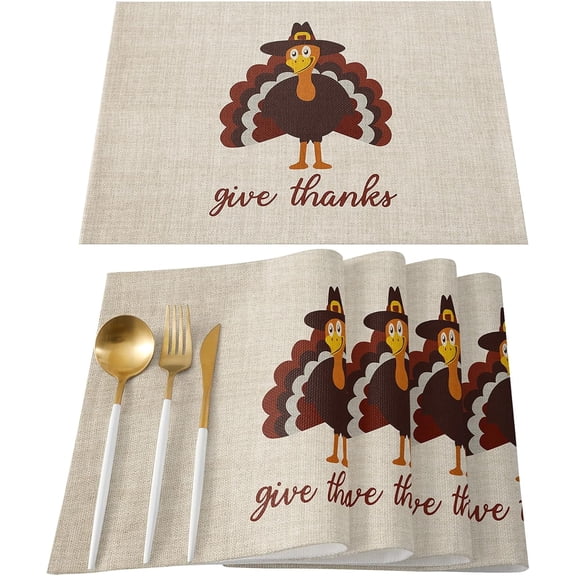 Placemats Set of 6 Washable,Give Thanks Placemat for Dining Table Decorations, Heat-Proof Table Mats for Kitchen Dinner Banquet Thanksgiving Turkey