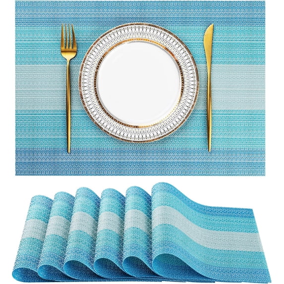 Placemats Set of 6 Washable Indoor/Outdoor Vinyl Place Mats for Dining Table PVC Weave Table Mats(Blue Gradient)