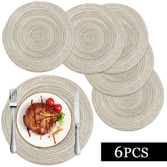 Placemats Set of 6， Washable Round Place mats for Kitchen Table，15 inch Woven Heat Resistant Non-Slip Dining Table Mats, Beige