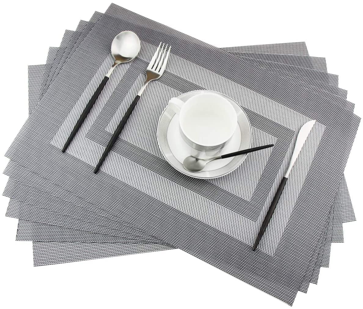 Placemats Set of 6,Washable Woven Place Mats Vinyl Table Mats Non Slip Placemats Heat Resistant Durable Placemats for Dining Table (Silver Black)