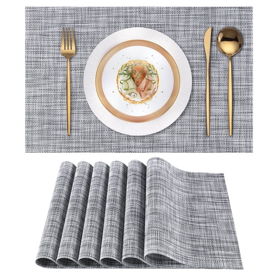 Placemats Set of 6 Wipeable Washable Plastic Vinyl Woven Place Mats for Indoor/Outdoor Dining, Non-Slip Kitchen Table Mats Grey