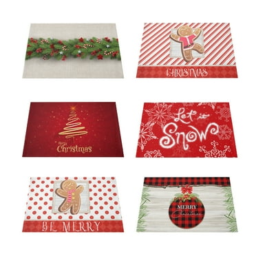 Red Christmas Placemats, Set of 6, Linen-Like Wipe-Clean Mats, Heat-Resistant Dining Decor