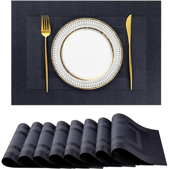 Placemats Set of 8 Washable Indoor/Outdoor Vinyl Place Mats for Dining Table PVC Weave Table Mats(Black/Dark Edge)