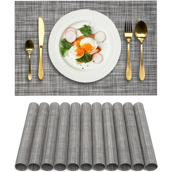 Placemats Table Mats Washable Indoor/Outdoor Woven Vinyl Placemats 12 PCS Heat-Resistant Non-Slip Placemat for Kitchen Dining Table (12x18 Inches, Black-Gray)