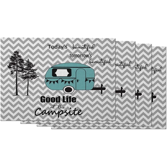 Placemats Trailer Travel Tree Chevron Zig-Zag Stripes Camping Happy Camp Heat Resistant Dining Table Place Mats Stain Resistant, 12 X 18 Inches, Set of 4