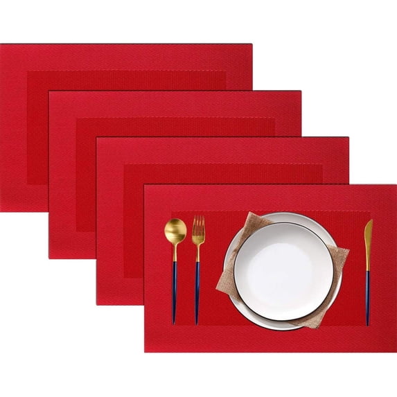 Placemats Vinyl Washable Table Mats Elegant Non-Slip Placemats for Dinner Table Set of 4 (Red)