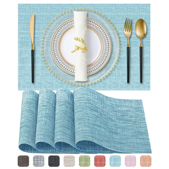 Placemats, Vinyl Woven Place Mats for Kitchen Table Indoor/Outdoor, Washable Wipeable Dining Blue Placemats Set of 4, 12x18 Inch