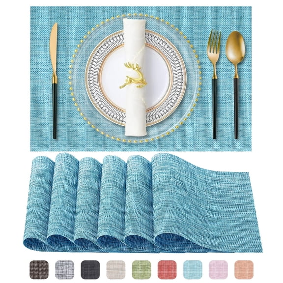 Placemats, Vinyl Woven Place Mats for Kitchen Table Indoor/Outdoor, Washable Wipeable Dining Blue Placemats Set of 6, 12x18 Inch