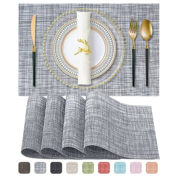 Evlmd Placemats, Vinyl Woven Place Mats for Kitchen Table Indoor/Outdoor, Washable Wipeable Dining Gray Placemats Set of 4, 12x18 Inch