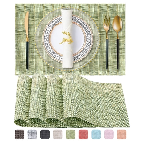 Evlmd Placemats, Vinyl Woven Place Mats for Kitchen Table Indoor/Outdoor, Washable Wipeable Dining Green Placemats Set of 4, 12x18 Inch