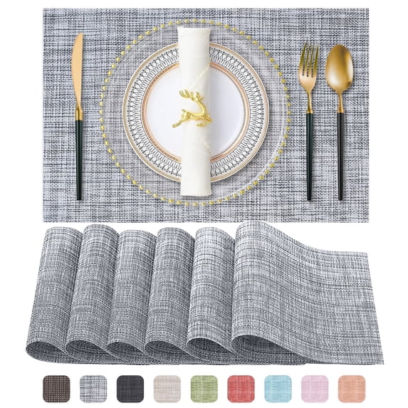 Evlmd Placemats, Vinyl Woven Place Mats for Kitchen Table Indoor/Outdoor, Washable Wipeable Dining Transparent Gray Placemats Set of 6, 12x18 Inch