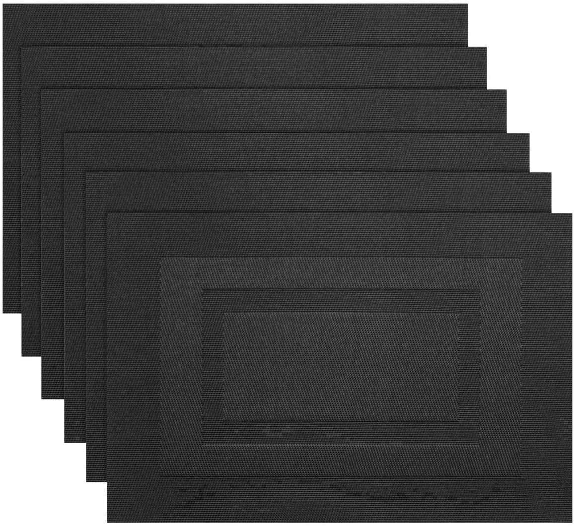 Placemats,Washable Woven Vinyl Durable Placemats for Dining Table,Easy to Clean Plastic Placemats Set of 6 (18 x 12 inches, Pure Black)