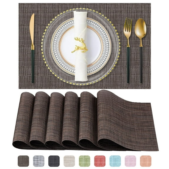 Placemats, Woven Cross Weave Place Mats for Dining Table Mats, PVC Vinyl Kitchen Mat, Black Grey Placemats Set of 6, 12x18 Inch