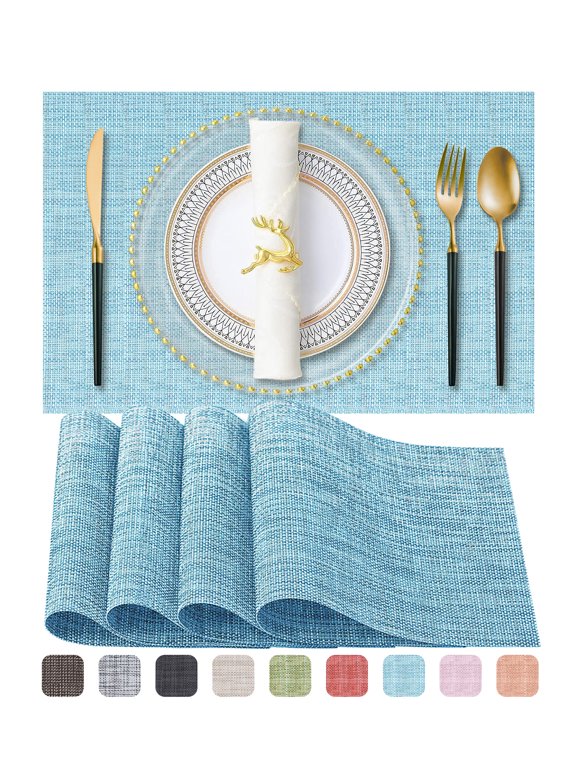 Placemats, Vinyl Woven Place Mats for Kitchen Table Indoor/Outdoor, Washable Wipeable Dining Blue Placemats Set of 4, 12x18 Inch