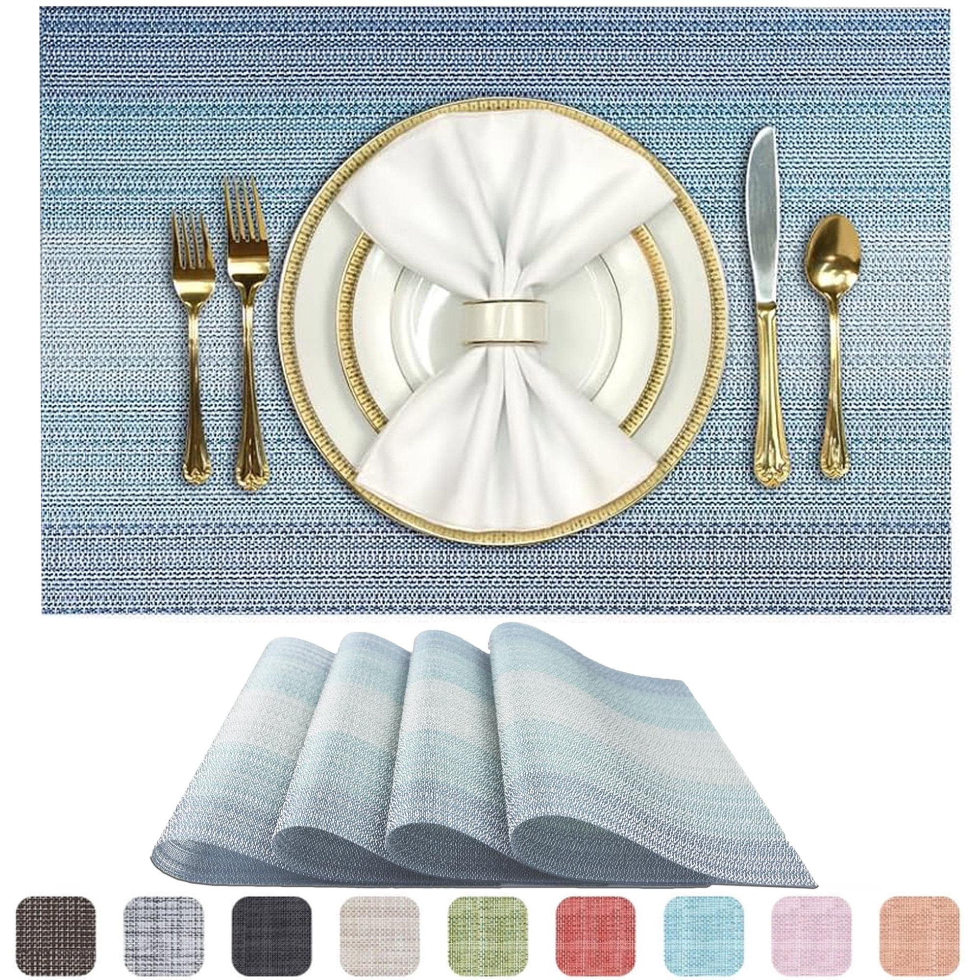 Evlmd Placemats, Woven Cross Weave Place Mats for Dining Table Mats, PVC Vinyl Kitchen Mat, Light Blue Gradient Placemats Set of 4, 12x18 Inch