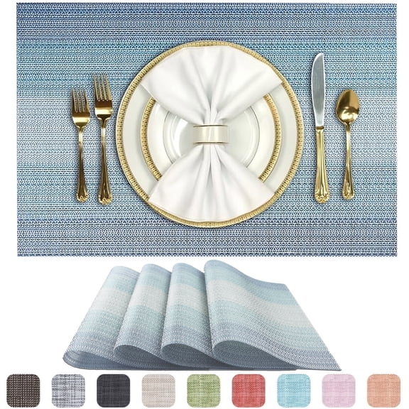 Evlmd Placemats, Woven Cross Weave Place Mats for Dining Table Mats, PVC Vinyl Kitchen Mat, Light Blue Gradient Placemats Set of 4, 12x18 Inch